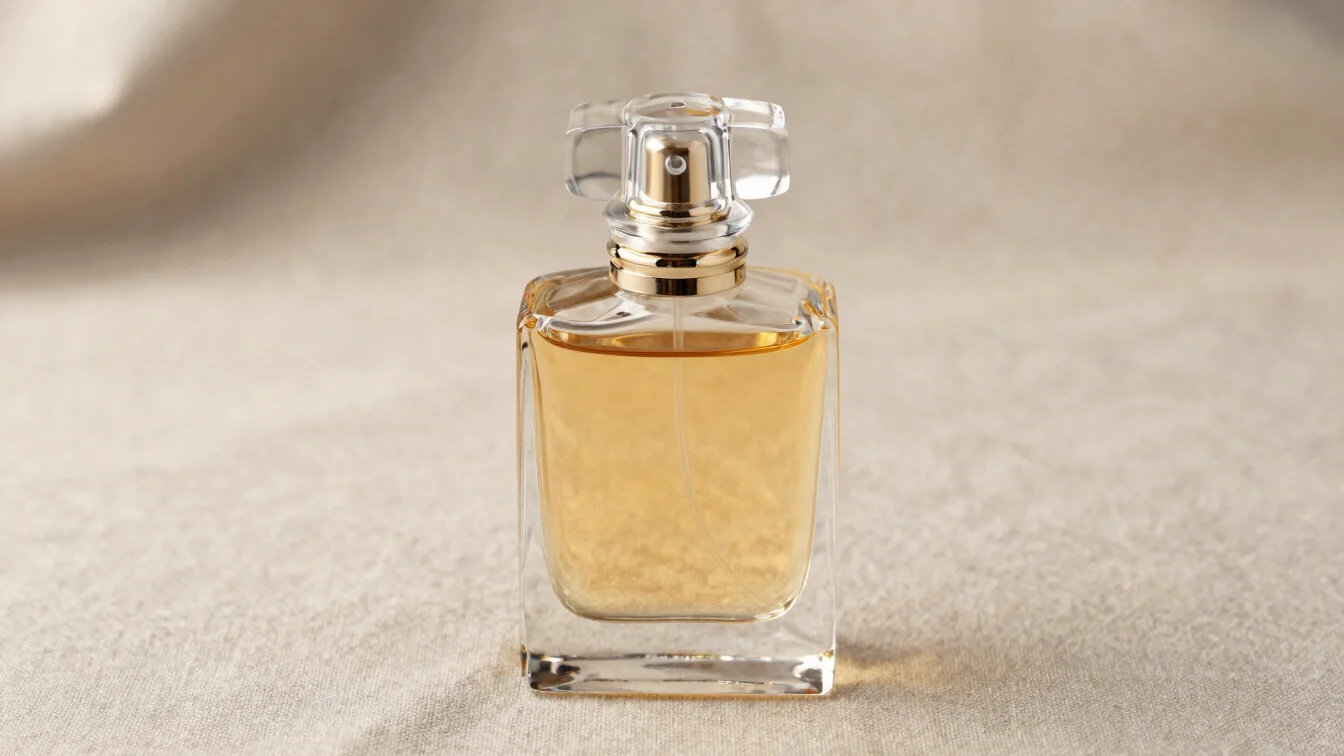 Close up of an elegant crystal perfume flacon with warm golden liquid on linen fabric, soft diffused highlights