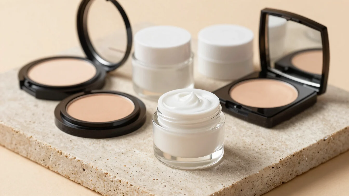 Arranged cosmetic compacts and skin care jars on a warm neutral stone slab, crisp macro focus
