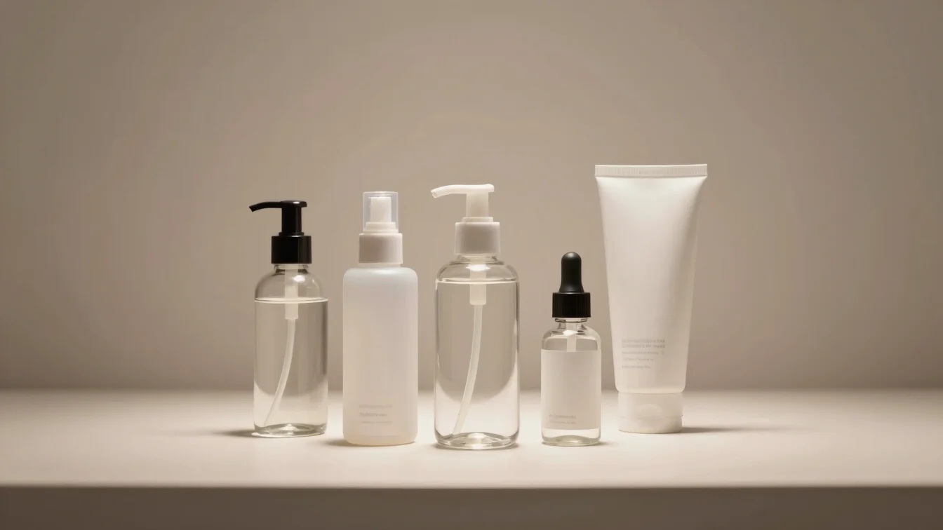 Clean minimal arrangement of personal health articles and glass bottles on a light boutique display surface