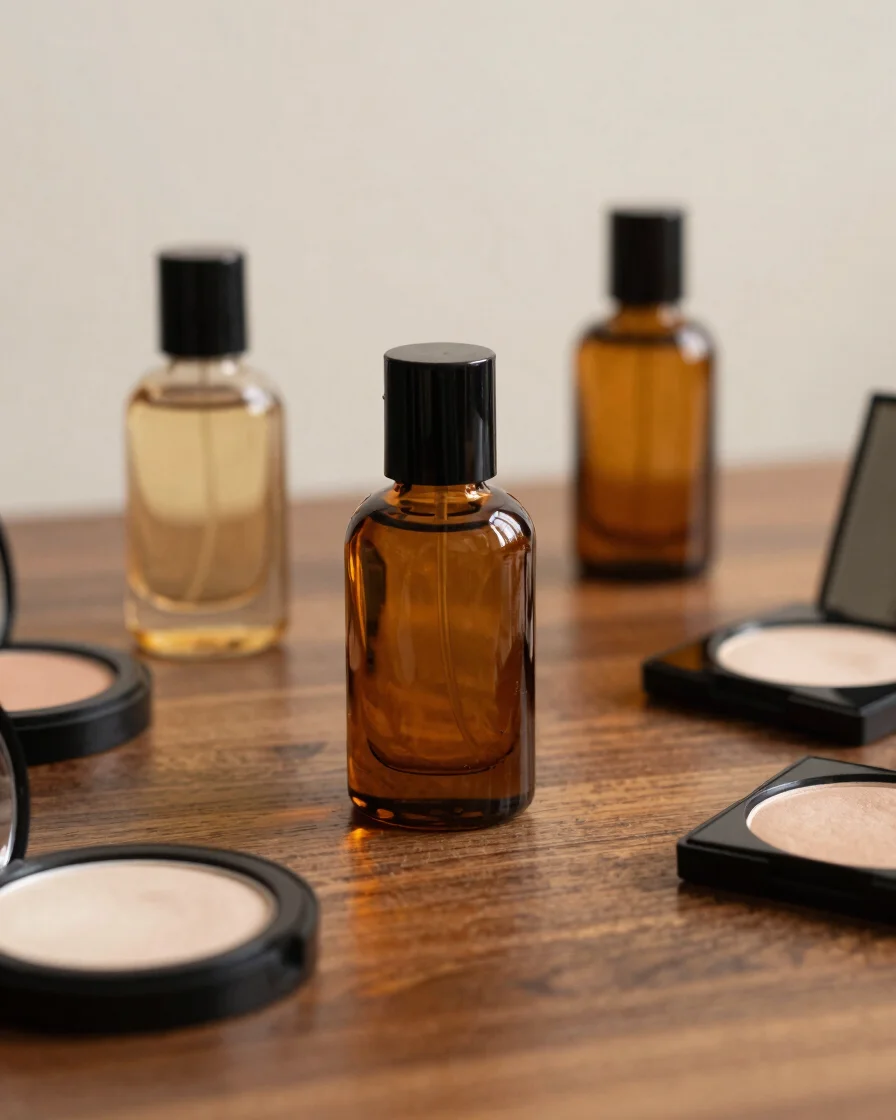 Warm studio lighting reflecting off amber glass perfume bottles and arranged cosmetic compacts on a polished wooden surf