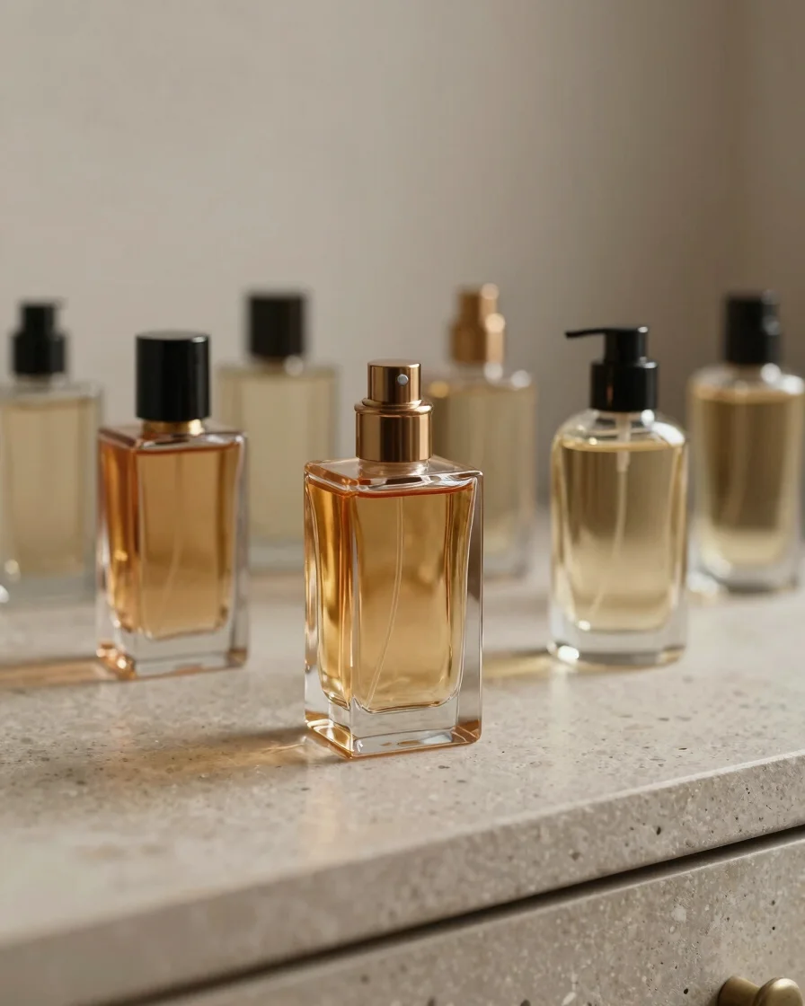 Elegant amber glass perfume bottles arranged on a polished stone vanity under soft studio lighting, subtle glass refract